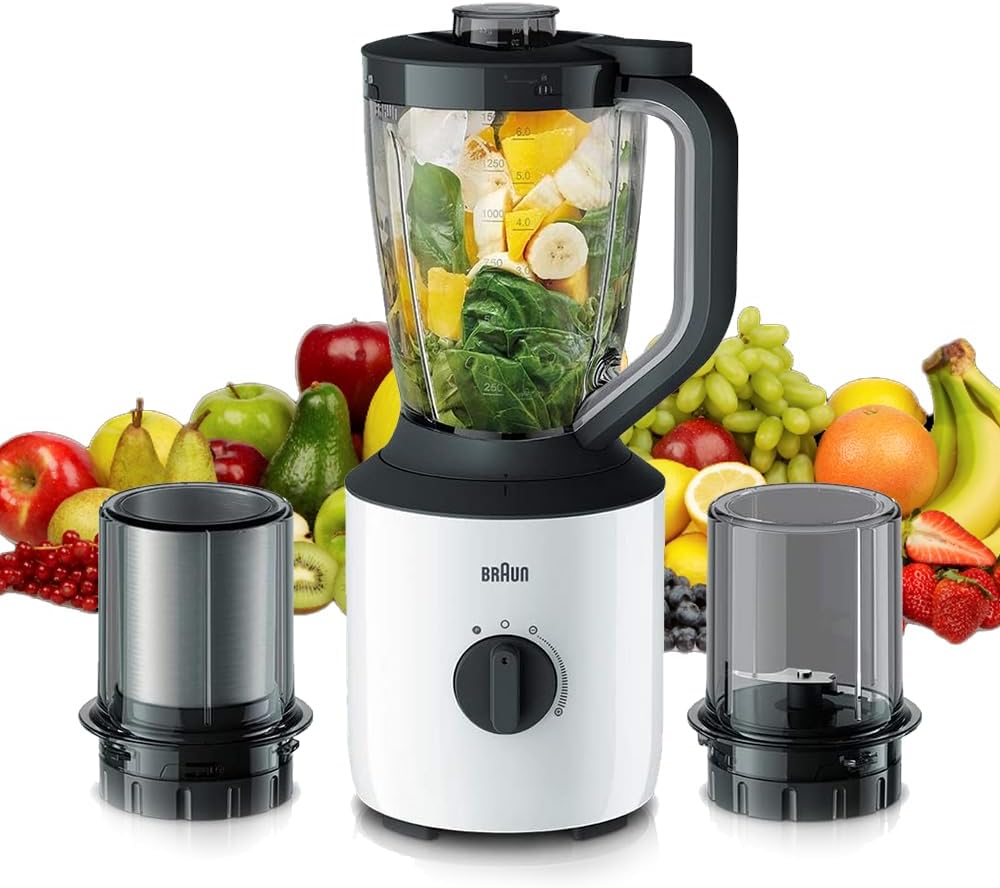 Braun Powerblend Jug Blender, 800W, 1.5L blender, TriAction Technology, Variable speed and Pulse function, Silent blending, chopper & grinder خلاط باور بلند بوعاء من براون Braun Powerblend Jug Blender, 800W, 1.5L blender, TriAction Technology, Variable speed and Pulse function, Silent blending, chopper & grinder خلاط باور بلند بوعاء من براون